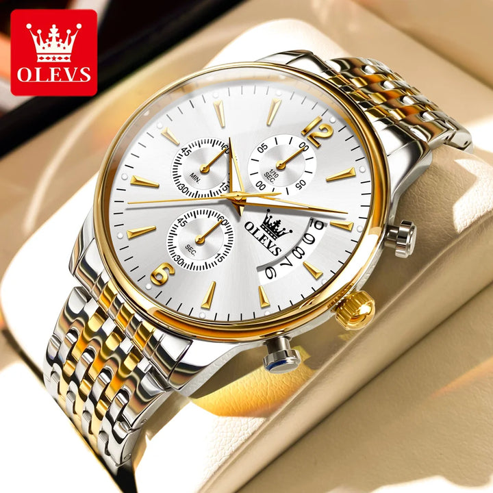 OLEVS Men's Watch Waterproof Luminous Wrist Watch Quartz Stainless Steel Watch for Men Pilot Top Brand Male Watches gold white