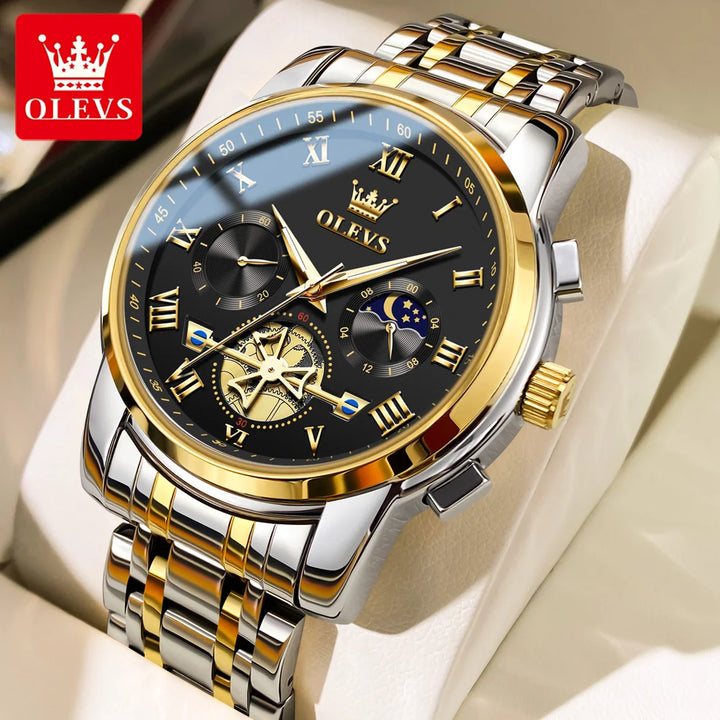 OLEVS Men’s Watch Analog Quartz Movement Business Stainless Steel Waterproof Luminous Chronograph Day Date Male Wrist Watches gold black