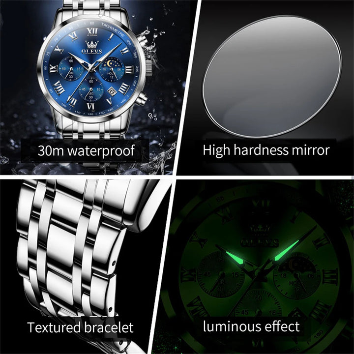 OLEVS 5529 Luxury Quartz Watch For Men Roman Scale Moon Phase Chronograph Man Watches Waterproof Luminous Calendar Wrist Watch