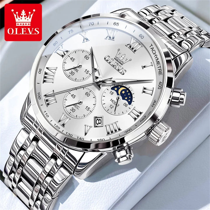 OLEVS 5529 Luxury Quartz Watch For Men Roman Scale Moon Phase Chronograph Man Watches Waterproof Luminous Calendar Wrist Watch Silver White