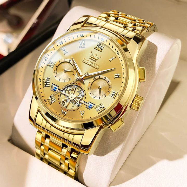 OLEVS Watch for Men Luxury Multifunction Waterproof Luminous Stainless Steel Calendar/Week Display Business Top Quartz Men Watch gold