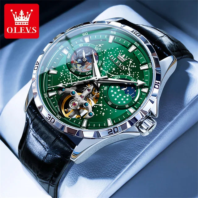 New In OLEVS Automatic Mechanical Watch for Men Starry Sky 42mm Dial Rotating Seconds Wrist Watch Luminous Star Moon Phase Watch 6689-HPBLV