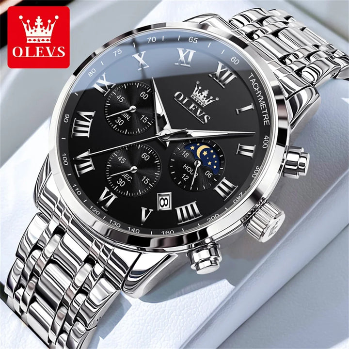 OLEVS 5529 Luxury Quartz Watch For Men Roman Scale Moon Phase Chronograph Man Watches Waterproof Luminous Calendar Wrist Watch Silver Black