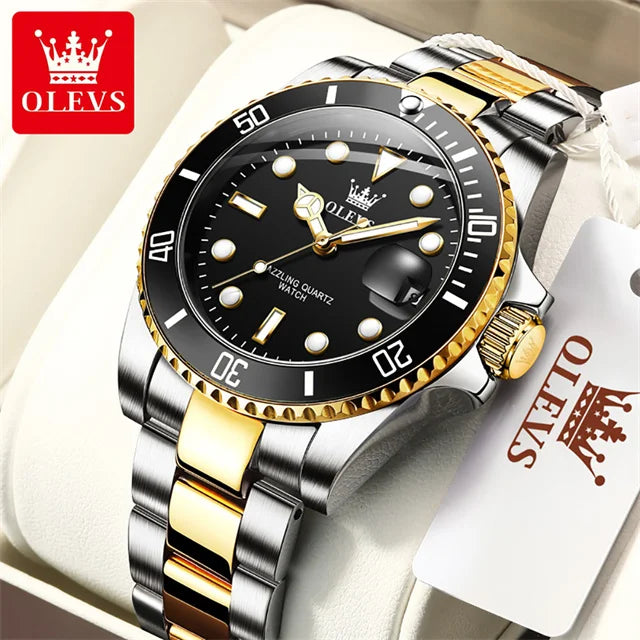 OLEVS Men's Watch Luxury Top Brand One-Way Rotating Outer Ring Design Quartz Watch for Men Auto Date Waterproof Wrist Watches Gold Black