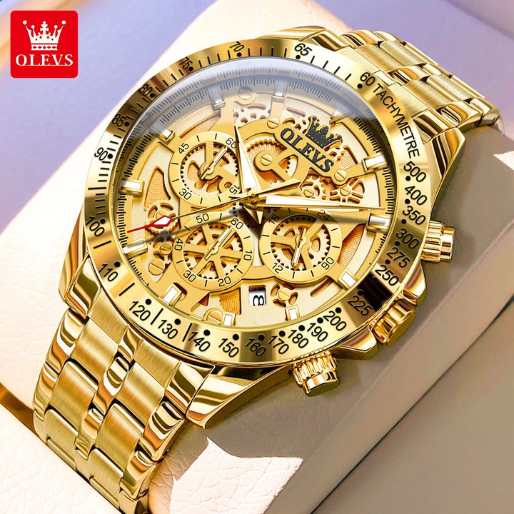 OLEVS Lxuxry Brand Gold Men's Watches Full Skeleton Stainless steel Chronograph Wristwatch Waterproof Luminous Quartz Watch Men Gold