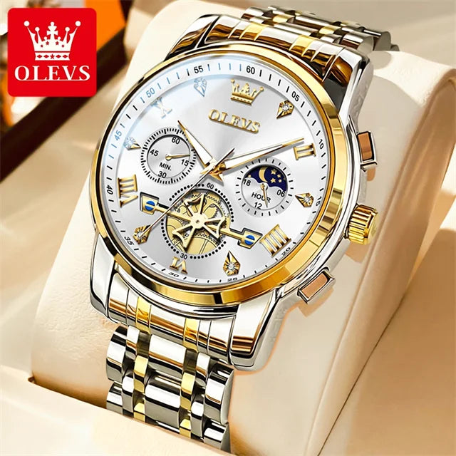 OLEVS 2856 New Men's Watches Luxury Classic Flywheel Design Waterproof Chronograph Moon Phase 24 Hour Quartz Wrist Watch for Men Gold White