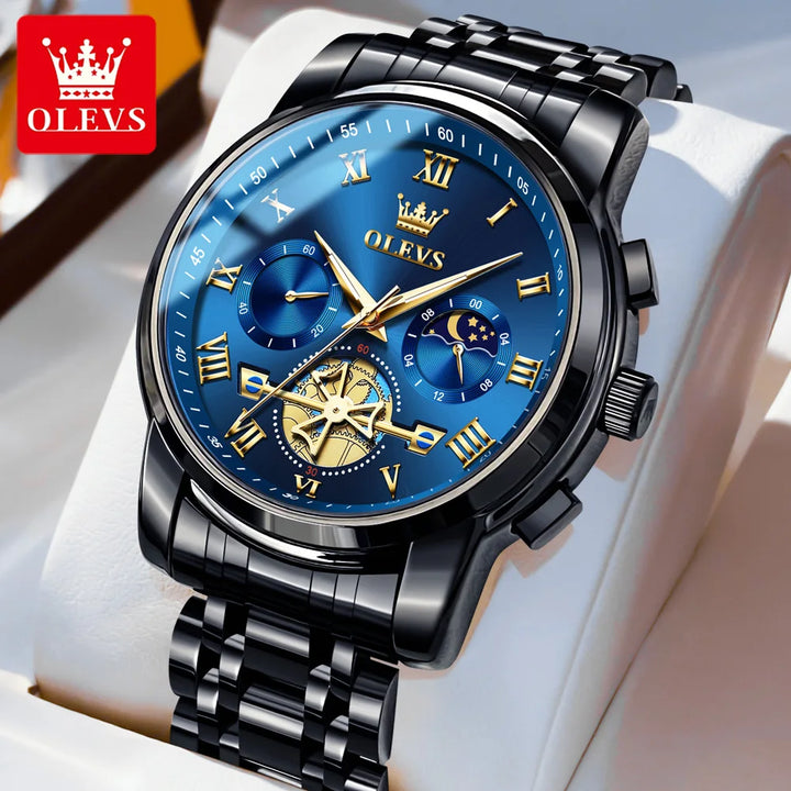 OLEVS Men’s Watch Analog Quartz Movement Business Stainless Steel Waterproof Luminous Chronograph Day Date Male Wrist Watches black blue