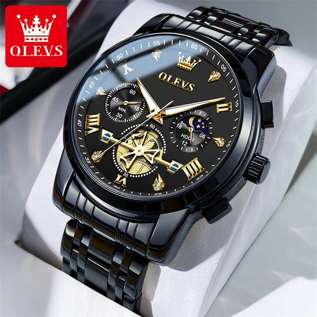 OLEVS Stainless Steel Men's Watches Chronograph Moon Phase Waterproof Luminous Quartz Wrist Watch for Men Luxury Brand Man Watch All Black