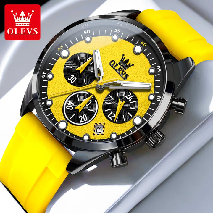 OLEVS Luxury Watch for Men Silicone Strap Waterproof Luminous Chronograph Classic Man Watch Top Original Quartz Men's Watch 2024 Black Yellow