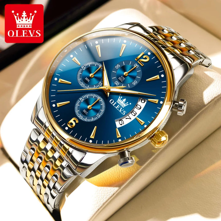 OLEVS Men's Watch Waterproof Luminous Wrist Watch Quartz Stainless Steel Watch for Men Pilot Top Brand Male Watches gold blue