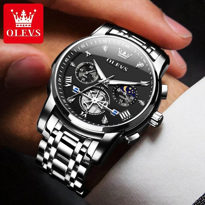 OLEVS 2856 New Men's Watches Luxury Classic Flywheel Design Waterproof Chronograph Moon Phase 24 Hour Quartz Wrist Watch for Men