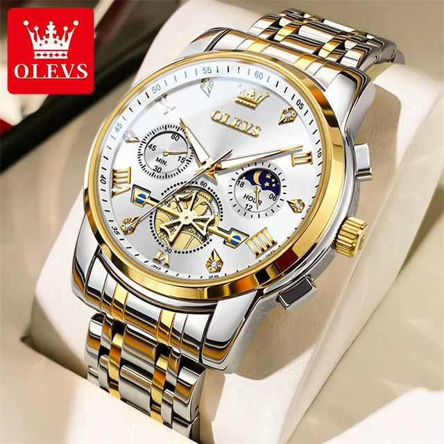 OLEVS Stainless Steel Men's Watches Chronograph Moon Phase Waterproof Luminous Quartz Wrist Watch for Men Luxury Brand Man Watch Gold White