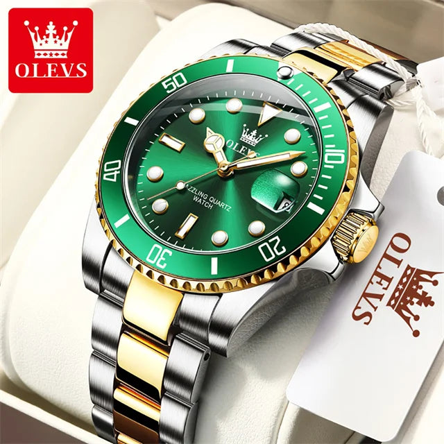 OLEVS Men's Watch Luxury Top Brand One-Way Rotating Outer Ring Design Quartz Watch for Men Auto Date Waterproof Wrist Watches Gold Green