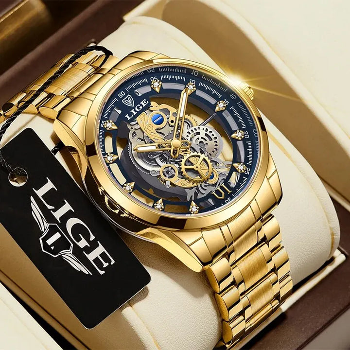 LIGE New Men Watch Skeleton Quartz Wristwatch Gold Skeleton Retro Man Watch Top Brand Luxury Clock Mens Watches Reloj Hombre gold blue