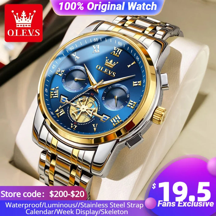 OLEVS Watch for Men Luxury Multifunction Waterproof Luminous Stainless Steel Calendar/Week Display Business Top Quartz Men Watch