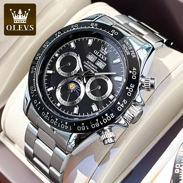 OLEVS Automatic Mechanical Watch for Men TOP Brand Original Stainless Steel Luminous Waterproof Date Man Wrist Watch Luxury Set Black