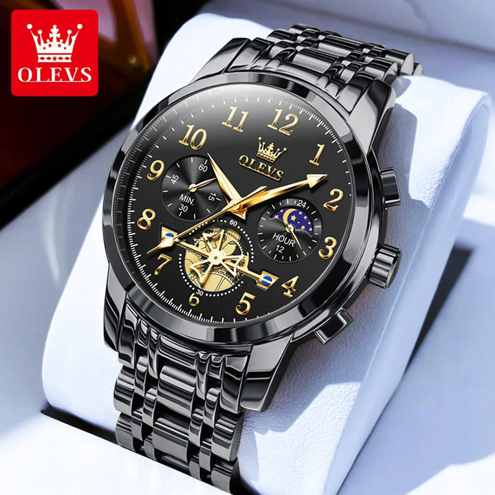 OLEVS 2900 NEW Quartz Watch for Men High Quality Multifunctional Chronograph Waterproof Stainless steel Moon Phase Men's Watches Black