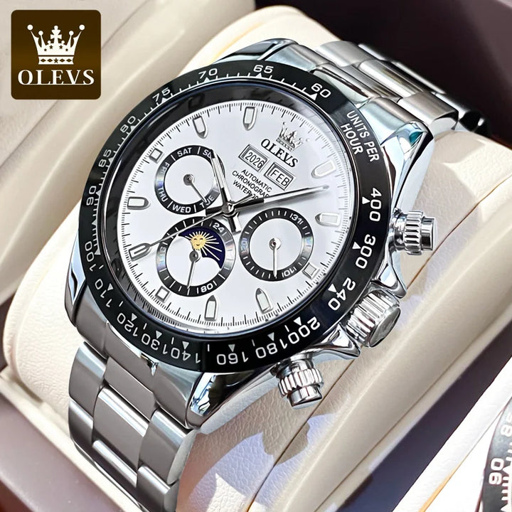 OLEVS Automatic Mechanical Watch for Men TOP Brand Original Stainless Steel Luminous Waterproof Date Man Wrist Watch Luxury Set WHITE