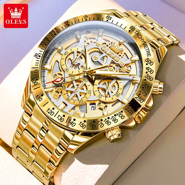 OLEVS Lxuxry Brand Gold Men's Watches Full Skeleton Stainless steel Chronograph Wristwatch Waterproof Luminous Quartz Watch Men Silver