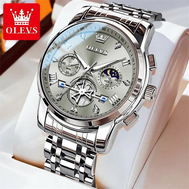 OLEVS 2856 New Men's Watches Luxury Classic Flywheel Design Waterproof Chronograph Moon Phase 24 Hour Quartz Wrist Watch for Men Silver Grey