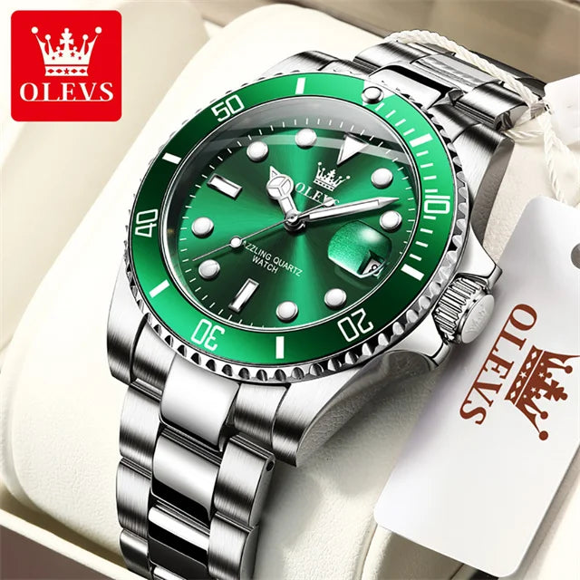 OLEVS Men's Watch Luxury Top Brand One-Way Rotating Outer Ring Design Quartz Watch for Men Auto Date Waterproof Wrist Watches Silver Green