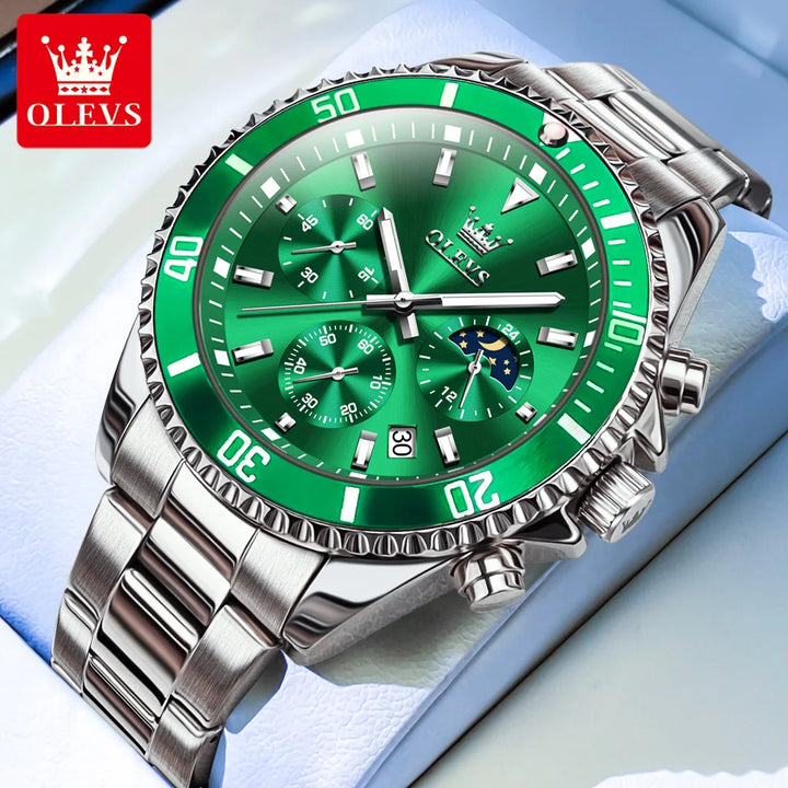 OLEVS Watches For Men Classic with Date Dress Luxury Big Face Waterproof Luminous Men's Wrist Watch Stainless Steel Men Watch silver green No