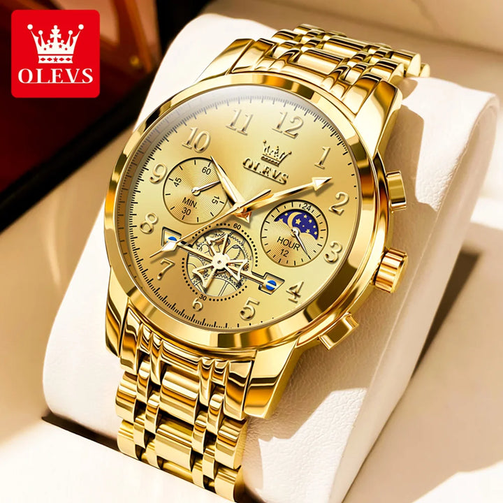 OLEVS 2900 NEW Quartz Watch for Men High Quality Multifunctional Chronograph Waterproof Stainless steel Moon Phase Men's Watches Gold