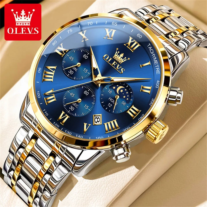 OLEVS 5529 Luxury Quartz Watch For Men Roman Scale Moon Phase Chronograph Man Watches Waterproof Luminous Calendar Wrist Watch Gold Blue