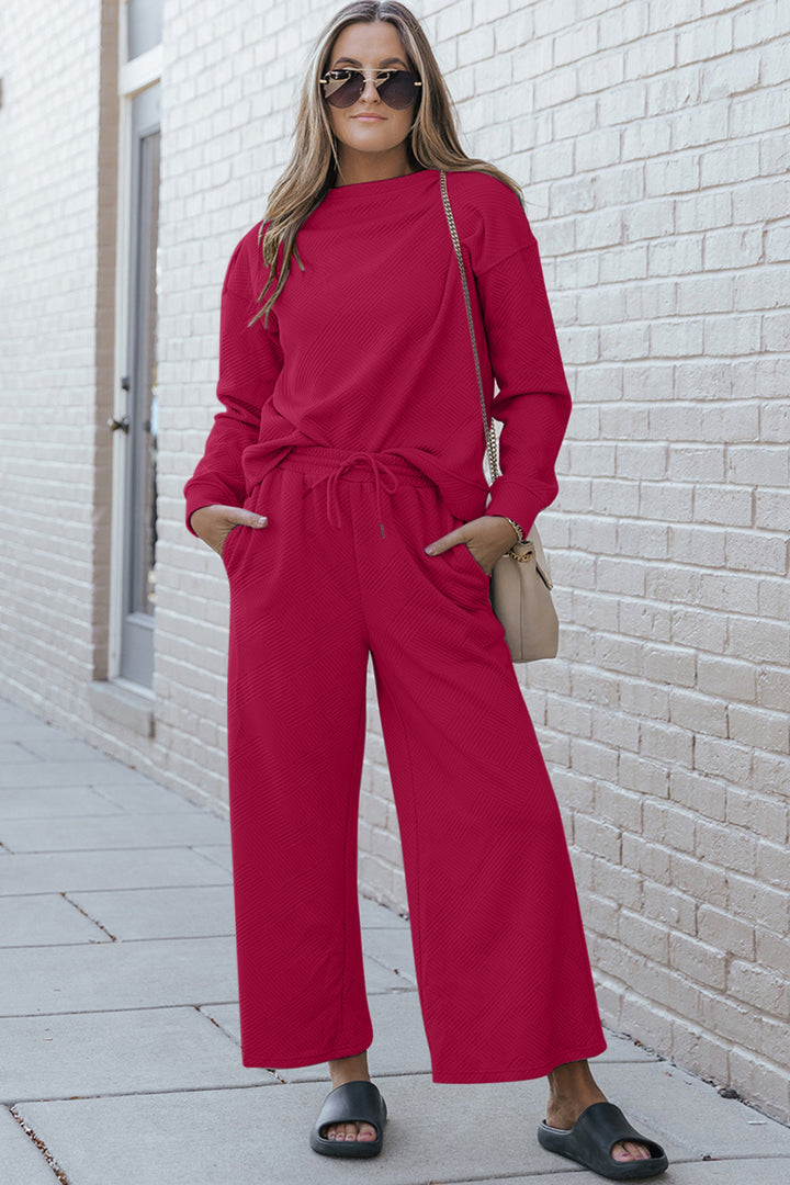 Double Take Full Size Textured Long Sleeve Top and Drawstring Pants Set Cerise
