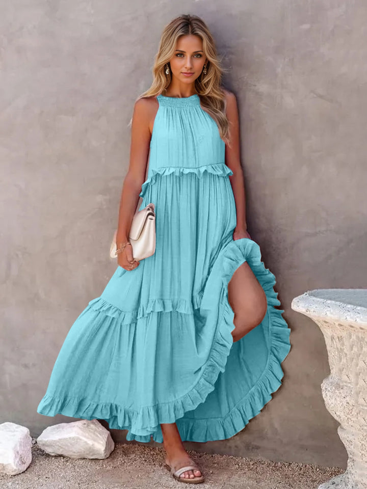 Ruffled Sleeveless Tiered Maxi Dress with Pockets Sky Blue