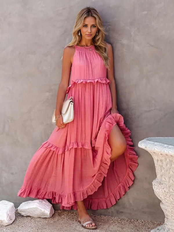 Ruffled Sleeveless Tiered Maxi Dress with Pockets Burnt Coral