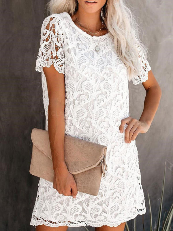 New casual and elegant round neck hollow lace midi dress White