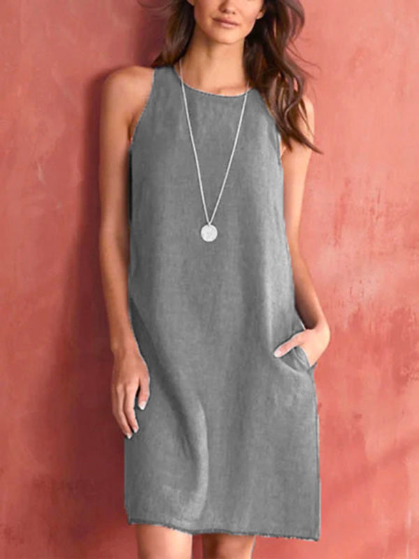 Women's Woven Casual Cotton Linen Comfortable Round Neck Sleeveless Dress Grey