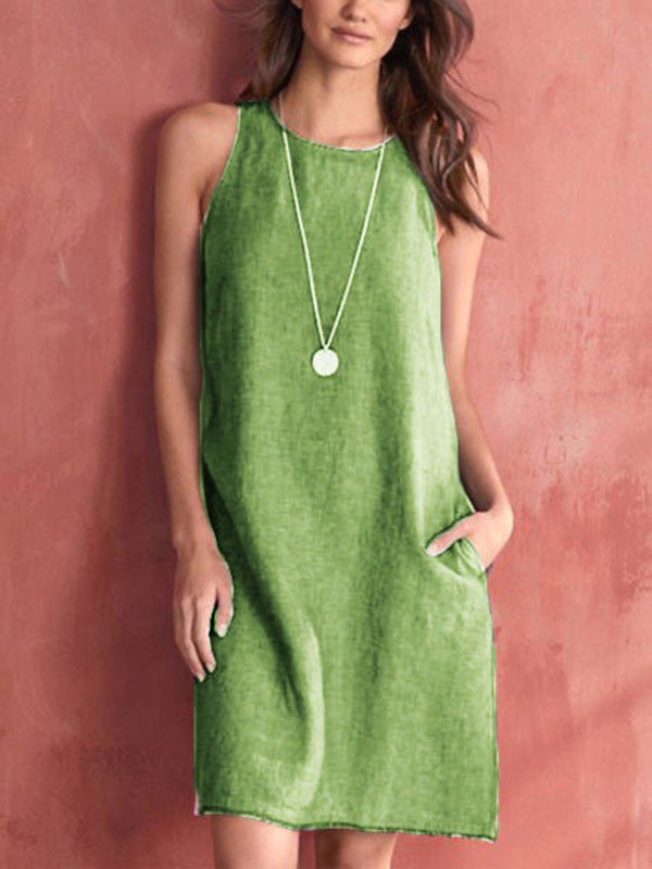 Women's Woven Casual Cotton Linen Comfortable Round Neck Sleeveless Dress Green