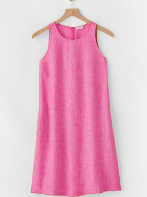 Women's Woven Casual Cotton Linen Comfortable Round Neck Sleeveless Dress Pink