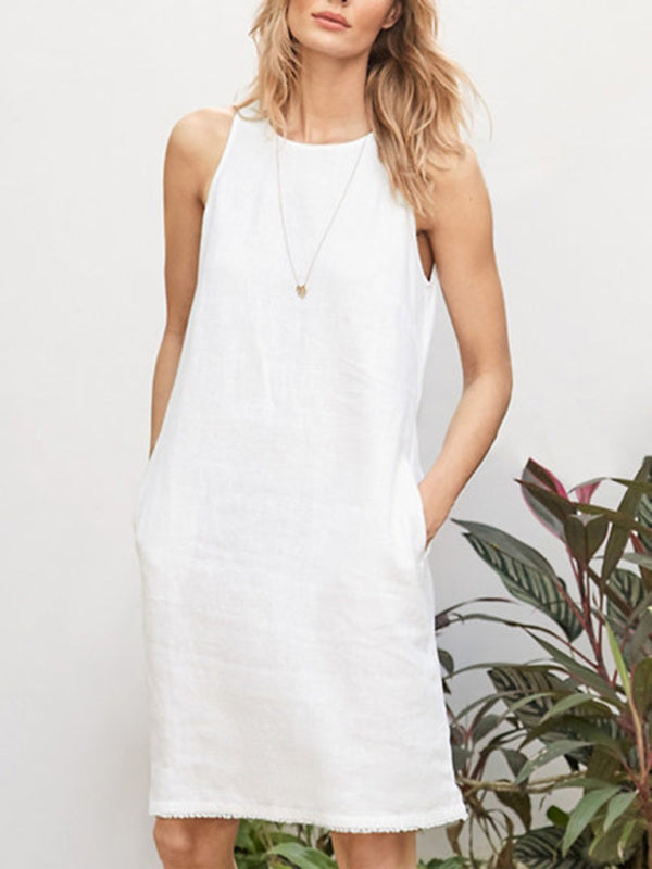 Women's Woven Casual Cotton Linen Comfortable Round Neck Sleeveless Dress White