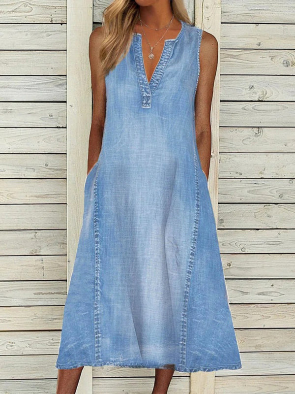 New solid color sleeveless V-neck loose casual denim dress Blue