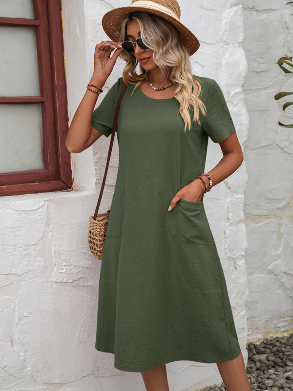 Cotton Linen Solid Color Loose Round Neck Short Sleeve Dress Olive green