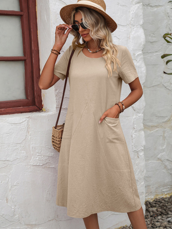 Cotton Linen Solid Color Loose Round Neck Short Sleeve Dress Cracker khaki