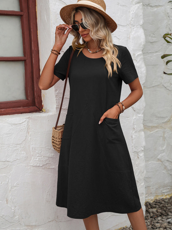 Cotton Linen Solid Color Loose Round Neck Short Sleeve Dress Black