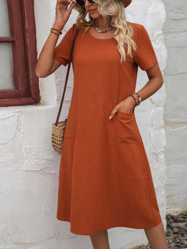 Cotton Linen Solid Color Loose Round Neck Short Sleeve Dress Orange