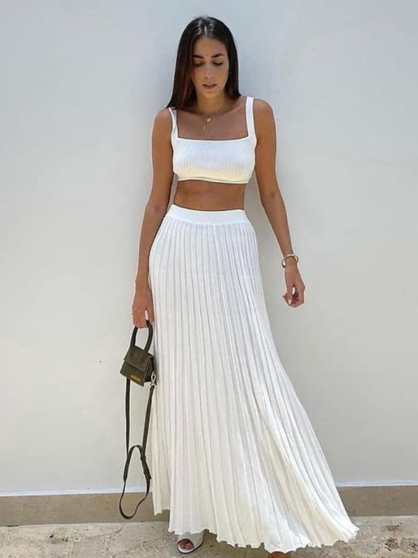 Knitted Camisole + Skirt Elegant Sleeveless Short Top Pleated Skirt Set White