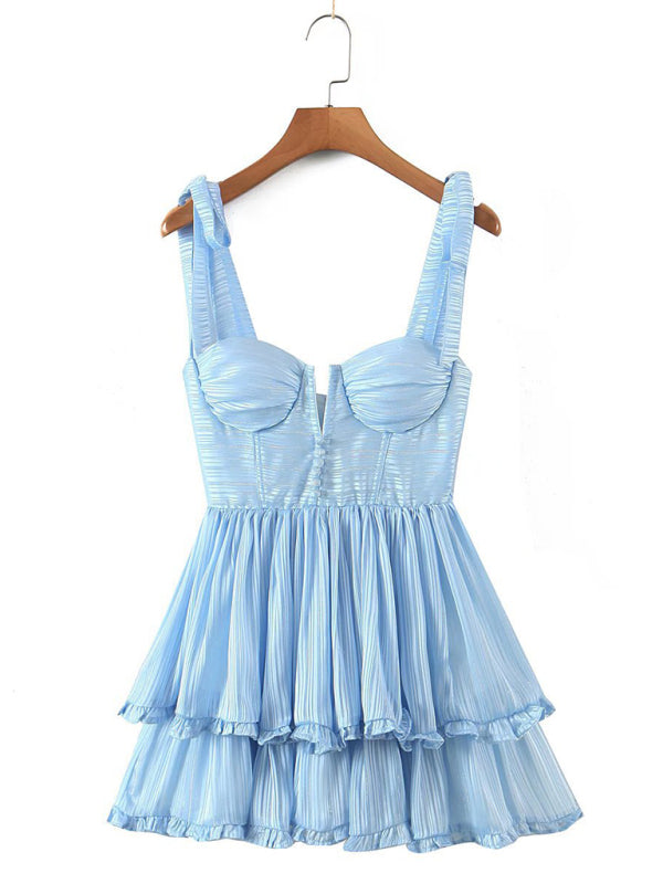 Summer three-color three-layer colorful silk chiffon pleated dress with tie Blue