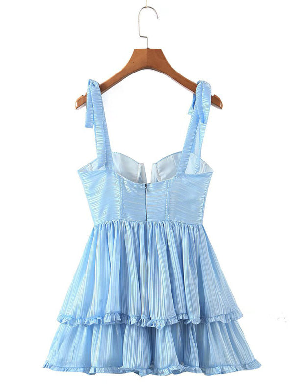 Summer three-color three-layer colorful silk chiffon pleated dress with tie