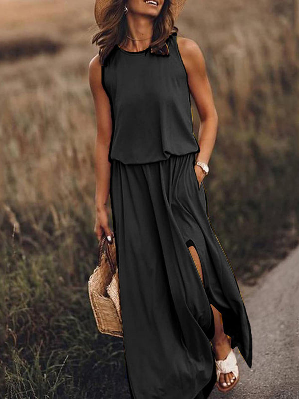 Women's Round Neck Sleeveless Dress Slit Multicolor Solid Color Long Dress Black