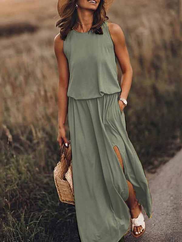 Women's Round Neck Sleeveless Dress Slit Multicolor Solid Color Long Dress Green black jasper