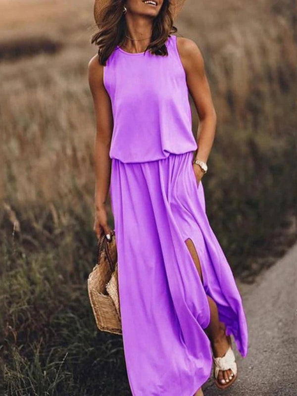 Women's Round Neck Sleeveless Dress Slit Multicolor Solid Color Long Dress Lavender