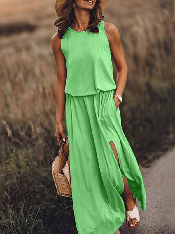 Women's Round Neck Sleeveless Dress Slit Multicolor Solid Color Long Dress Pale green