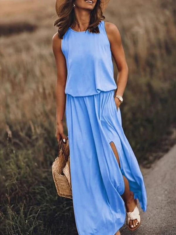 Women's Round Neck Sleeveless Dress Slit Multicolor Solid Color Long Dress Sky blue azure