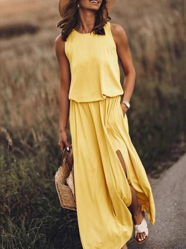 Women's Round Neck Sleeveless Dress Slit Multicolor Solid Color Long Dress Yellow